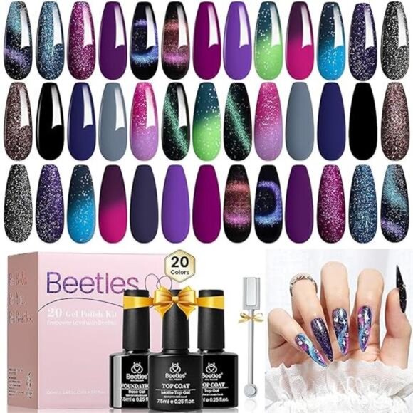 Beetles Cat Eye Gel Polish Set - 24Pcs 20 Colors Glitter Dark Color Changing - Picture 7 of 7